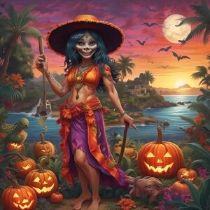 Halloween Witch Art Print with Orange and Purple Accents